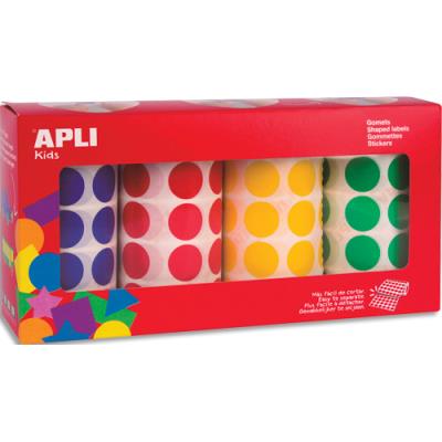 Boîte de 4 rouleaux de gommettes Apli Kids rondes - 20 mm - couleurs assorties (bleu, rouge, jaune e