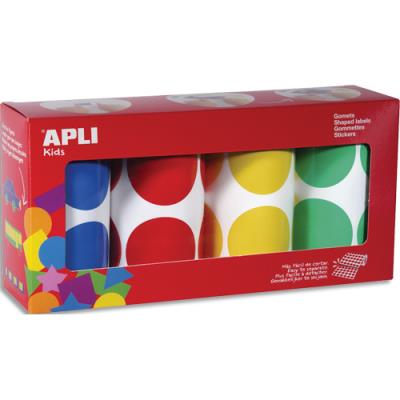 Boîte de 4 rouleaux de gommettes Apli Kids rondes 45mm - 1 416 unités - couleurs assorties jaune, bl