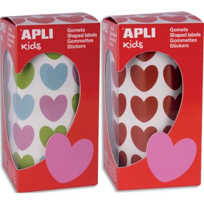 Boîte de 2 rouleaux de gommettes Apli Kids 2x900 unités - formes cœurs rouges et cœurs bleus, roses