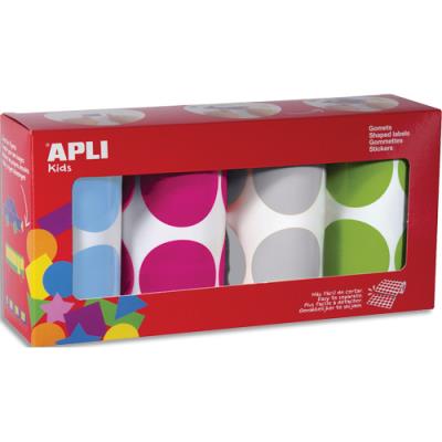 Boîte de 4 rouleaux de gommettes Apli Kids rondes - 45mm - 1416 unités - couleurs assorties bleu, fu