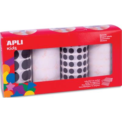 Boîte de 4 rouleaux de gommettes Apli Kids rondes noires et blanc - 13924 unités - diamètre 20 et 10
