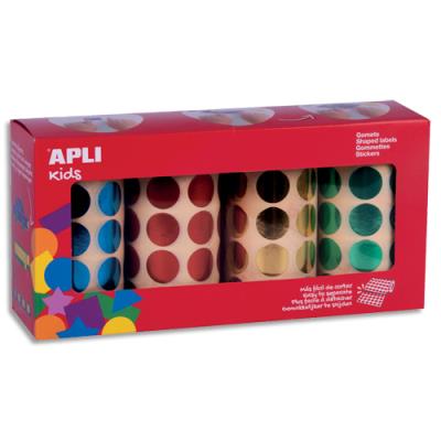 Boîte de 4 rouleaux de gommettes Apli Kids 5640 unités rondes - 20mm - couleur assorties bleues, rou