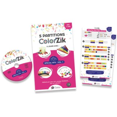 Livret CD Fuzeau colorzik spécial hits à partir de 7 ans, 5 partitions colorées recto / verso