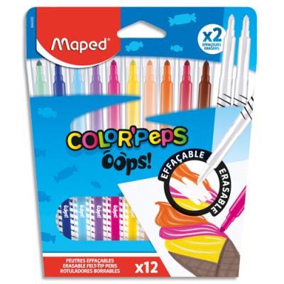 Pochette de 12 feutres de coloriage Maped Color Peps OOPS. Inclus 2 feutres effaceurs. Pointe conique