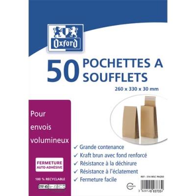 Pochettes kraft auto-adhésives Oxford - 120g - C4 - 260x330 mm - soufflet 30 mm - paquet de 50