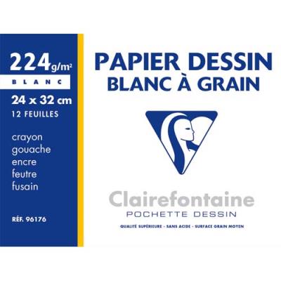 Pochette de 12 feuilles papier dessin blanc Clairefontaine - 24x32 - 224g - Réf : 96176