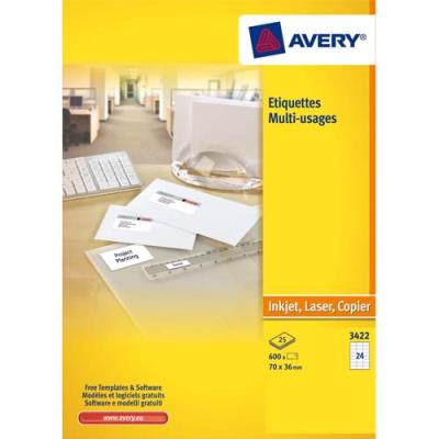 Etiquettes blanches multi usages Avery 3422 - 70x35 mm - pour laser jet d'encre et copieur - boîte d