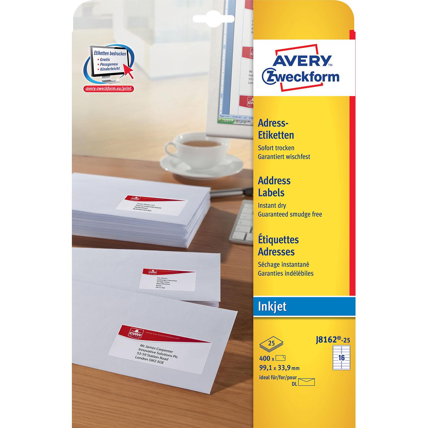 Étiquettes Adresses Avery QuickPEEL - 99,1 X 33,9 Mm - Blanc Bord Complet - 1600 étiquettes Par Paquet A4