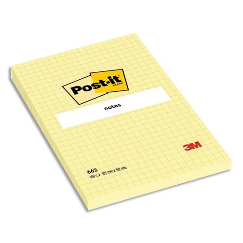 Notes Post-it grand format quadrilles - 102 x 152 mm - jaune - bloc de 100 feuilles