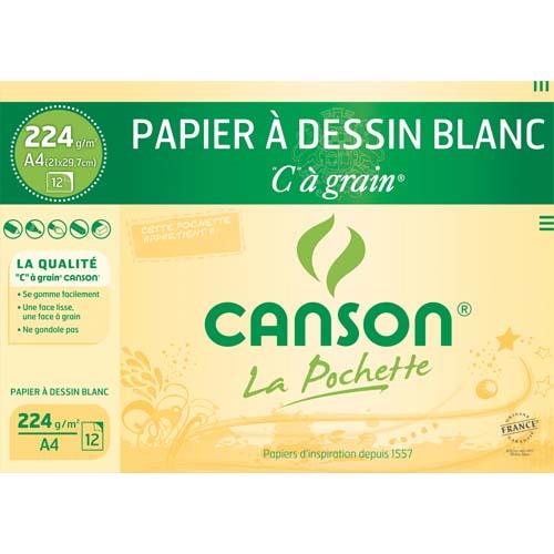 Feuilles  dessin Canson "C" -  grain - 224g - format 21x29,7cm - blanc - pochette de 12