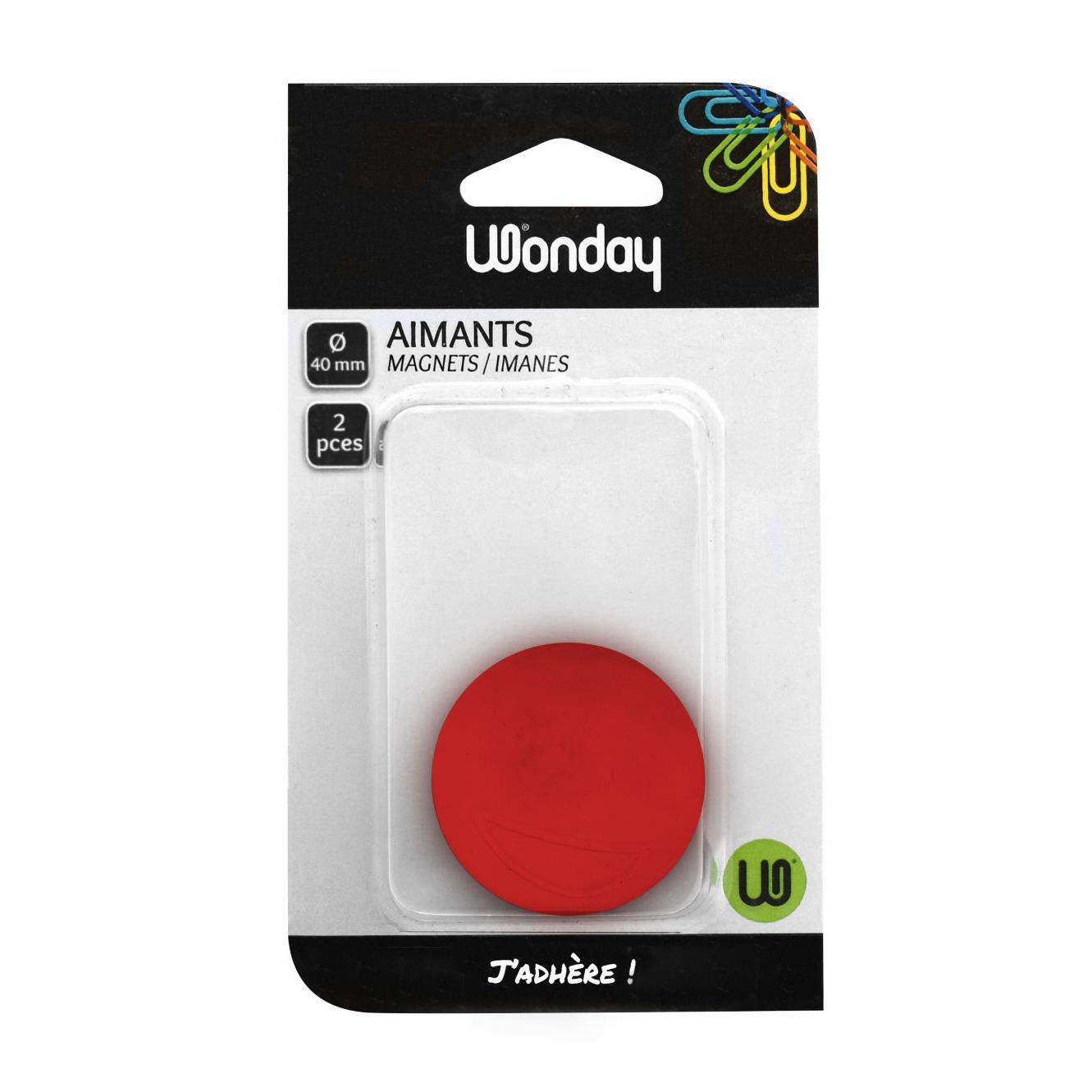 Aimant rond Wonday pour tableau magntique - Diamtre 40 mm - Rouge (blister 2 units)