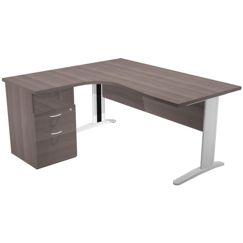 Pack Pulse Prestige - 1 bureau compact retour  gauche cendre - pieds blancs - 1 caisson hauteur bureau prof. - 60 cm