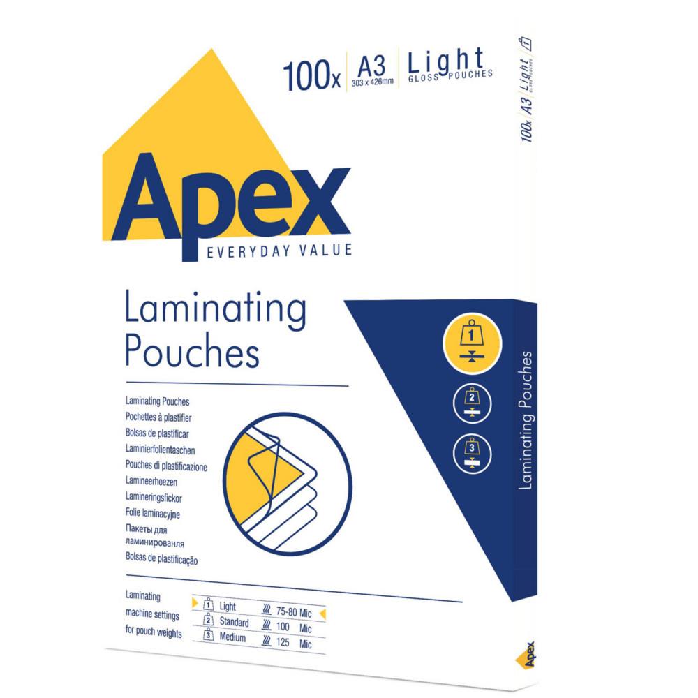 Pochettes de plastification Fellowes Apex Light A3 -303 x 426 mm - 80 microns - Brillante - Bo�te de 100
