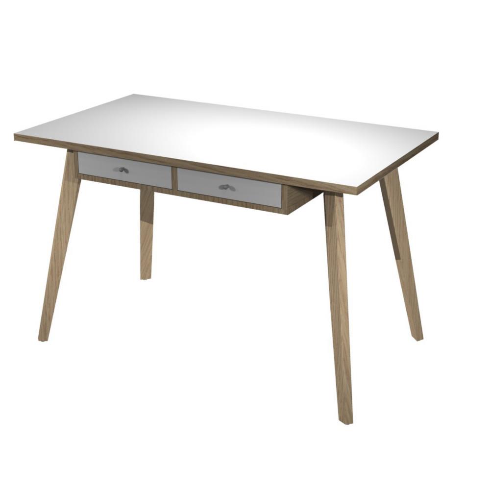 Bureau t�l�travail Marquize - pieds bois massif - 120 x 60 cm - r�hausse 2 tiroirs suspendus - ch�ne naturel , blanc