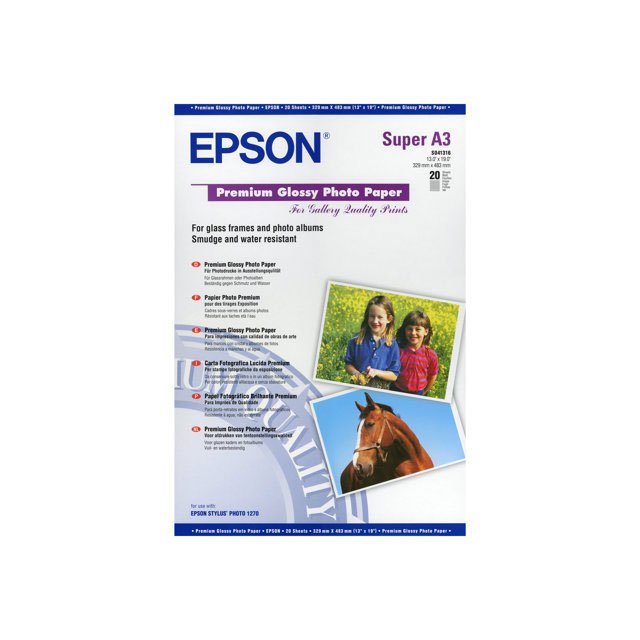 Epson Premium - Papier photo brillant - Super A3/B (330 x 483 mm) - 255 g/m2 - 20 feuille(s) - pour Stylus Pro 11880, Pro 3880, Pro 48XX, Pro 7890, Pro 98XX; SureColor SC-T3000, T5000, T7000