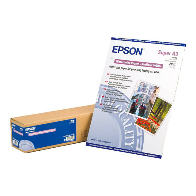Epson - Papier aquarelle - blanc rayonnant - A3 plus (329 x 423 mm) - 188 g/m2 - 20 feuille(s) - pour Stylus Pro 11880, Pro 3880, Pro 48XX, Pro 7900, Pro 98XX; SureColor SC-T3000, T5000, T7000