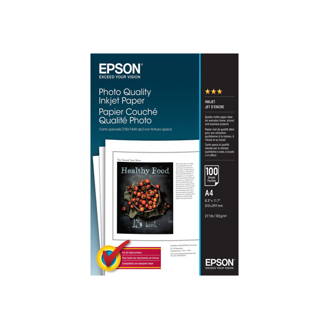 Epson Photo Quality Ink Jet Paper - mat - enduit - blanc pur - A4 (210 x 297 mm) - 102 g/m - 100 feuille(s) papier - pour EcoTank ET-2710, 2714, 2720, 2721; Expression Photo XP-970; SureColor SC-P7500, T3100