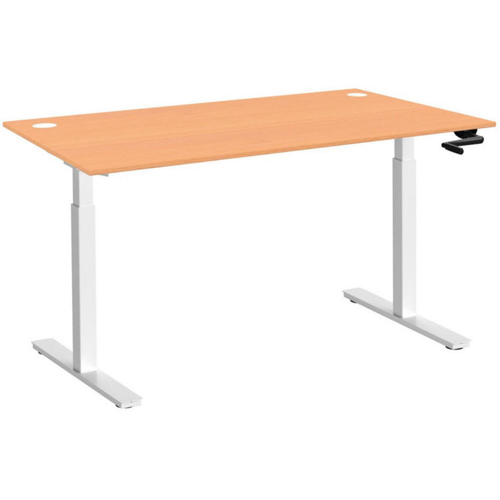 Bureau Assis-Debout Nova � Manivelle L.140 x P.80 cm - Plateau avec Obturateurs H�tre - Pieds m�tal Blanc