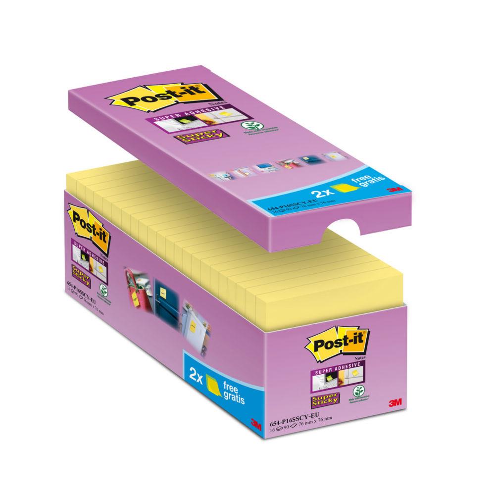 Notes Post-It Super Sticky Canary - 3M - 76 x 76 mm - paquet 16 blocs