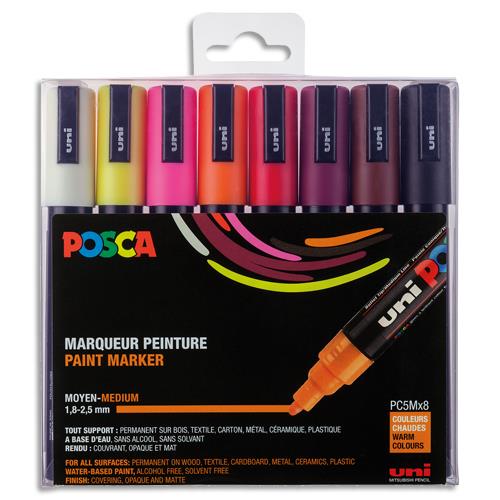 Pochette de 8 marqueurs peinture Uni Posca - Pointe moyenne de 1,8  2,5mm (PC5M) - couleurs assorties