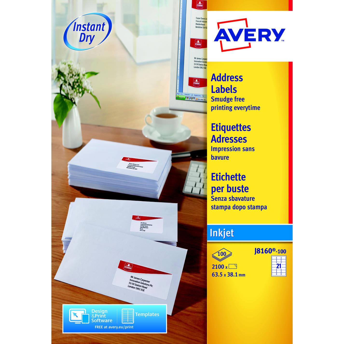 Etiquettes Avery J8160 - impression jet d'encre - blanc - 63,5 x 38,1 mm - 100 planches - bote de 2100