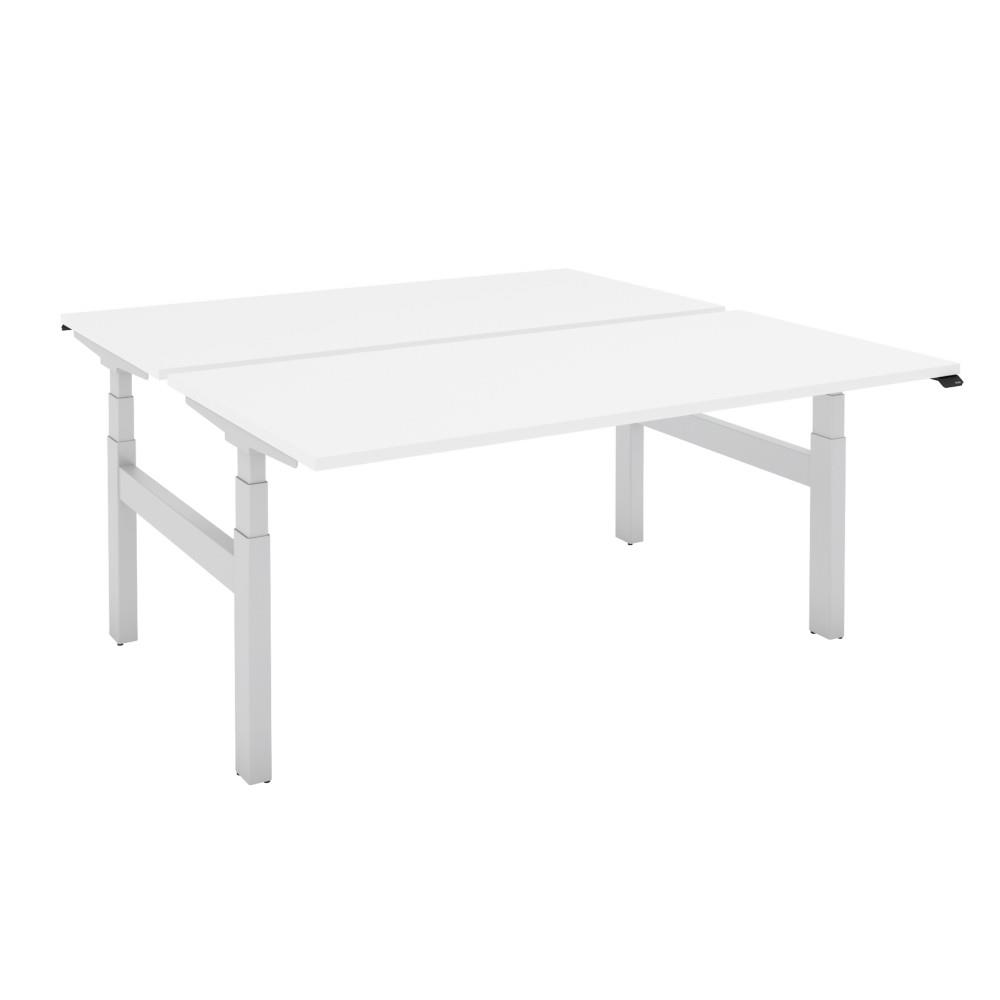 Bureau bench 2 postes assis-debout r�glage �lectrique Java 180 x 166 cm Plateau Blanc Pi�tement Arche Aluminium