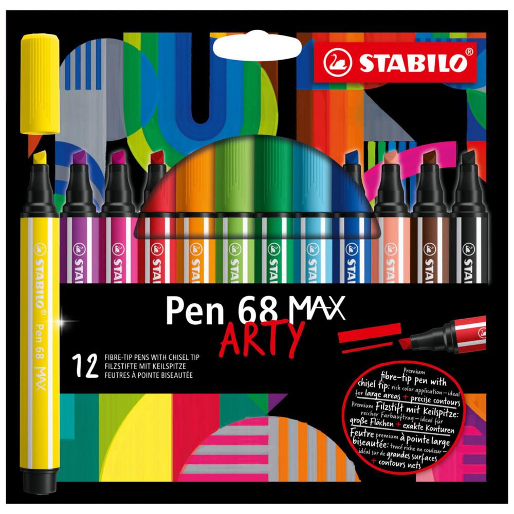 Feutres de dessin Stabilo Pen 68 Max Arty pointe biseaut - Pochette de 12 coloris assortis