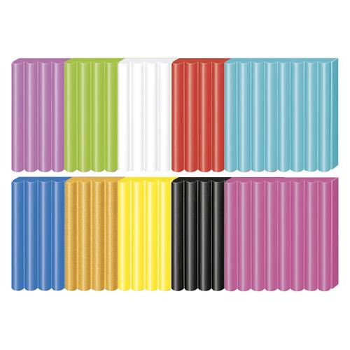 Lot 10 p�tes � cuir Fimo 57G DTM blanc-citron-noir-rge-or m�tal-framboise-vert pomme-lavande-menthe-bleu pacifiq