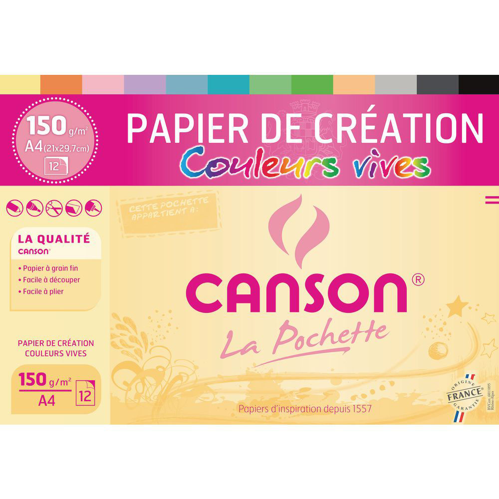 Papier de Cr�ation Canson -  21 x 29,7 cm - 150g - assortiment de couleurs vives - pochette de 12 feuilles