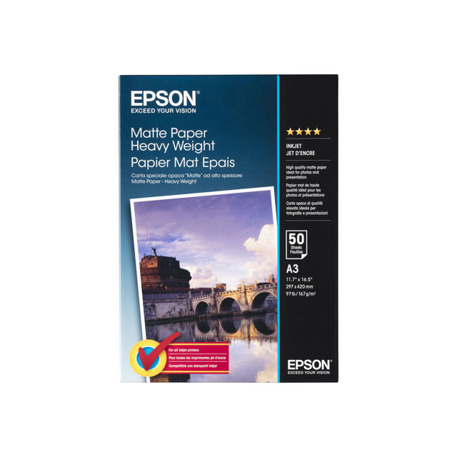 Epson - Papier mat � fort grammage - A3 (297 x 420 mm) - 167 g/m2 - 50 feuille(s) - pour Stylus Pro 11880, Pro 3880, Pro 4880, Pro 7900; SureColor SC-T3000, T5000, T7000