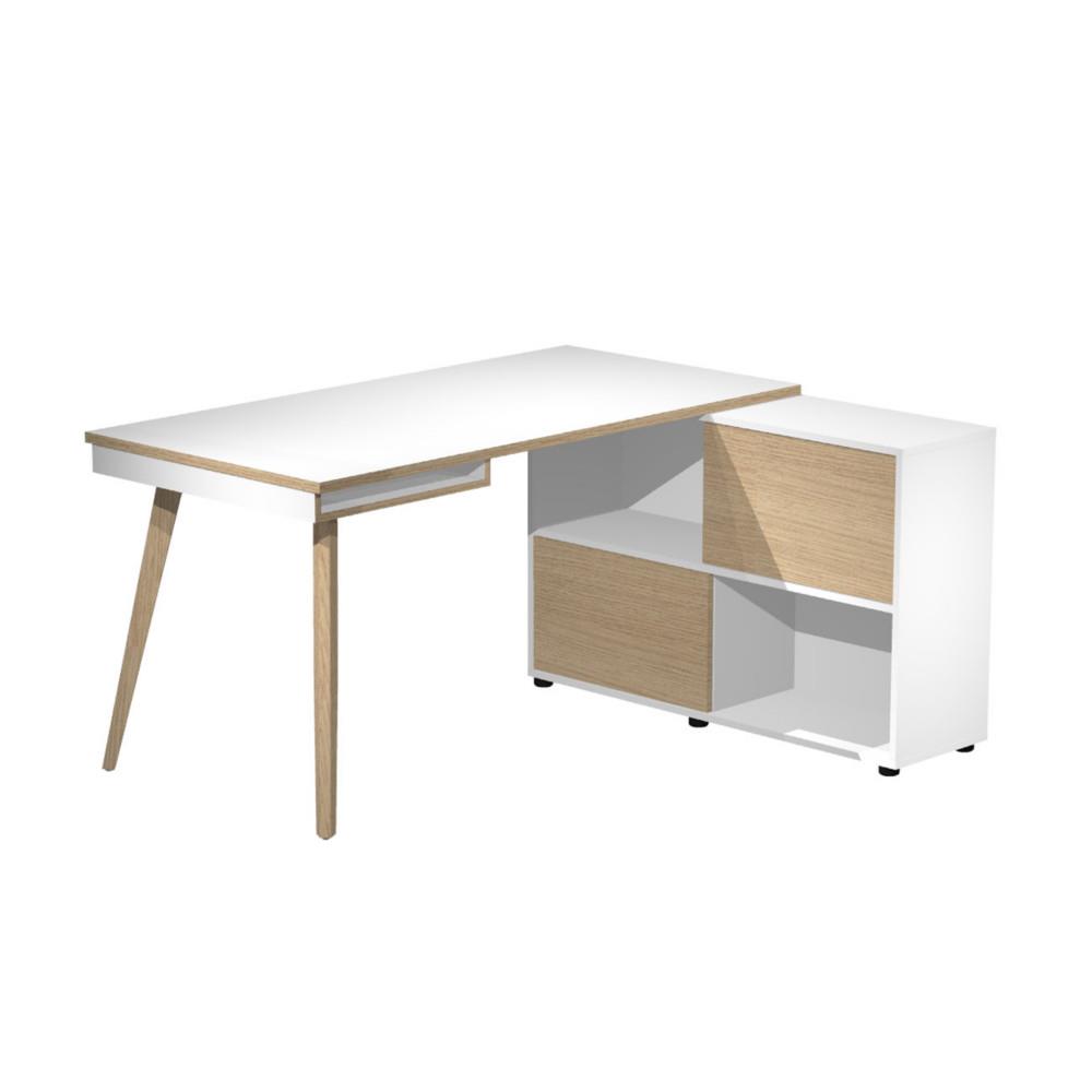 Pack Knot : 1 bureau droit Blanc pieds bois massif Chne + 1 meuble de rangement 4 cases Blanc,Chne L 140 x P 160 x H 81,5 cm