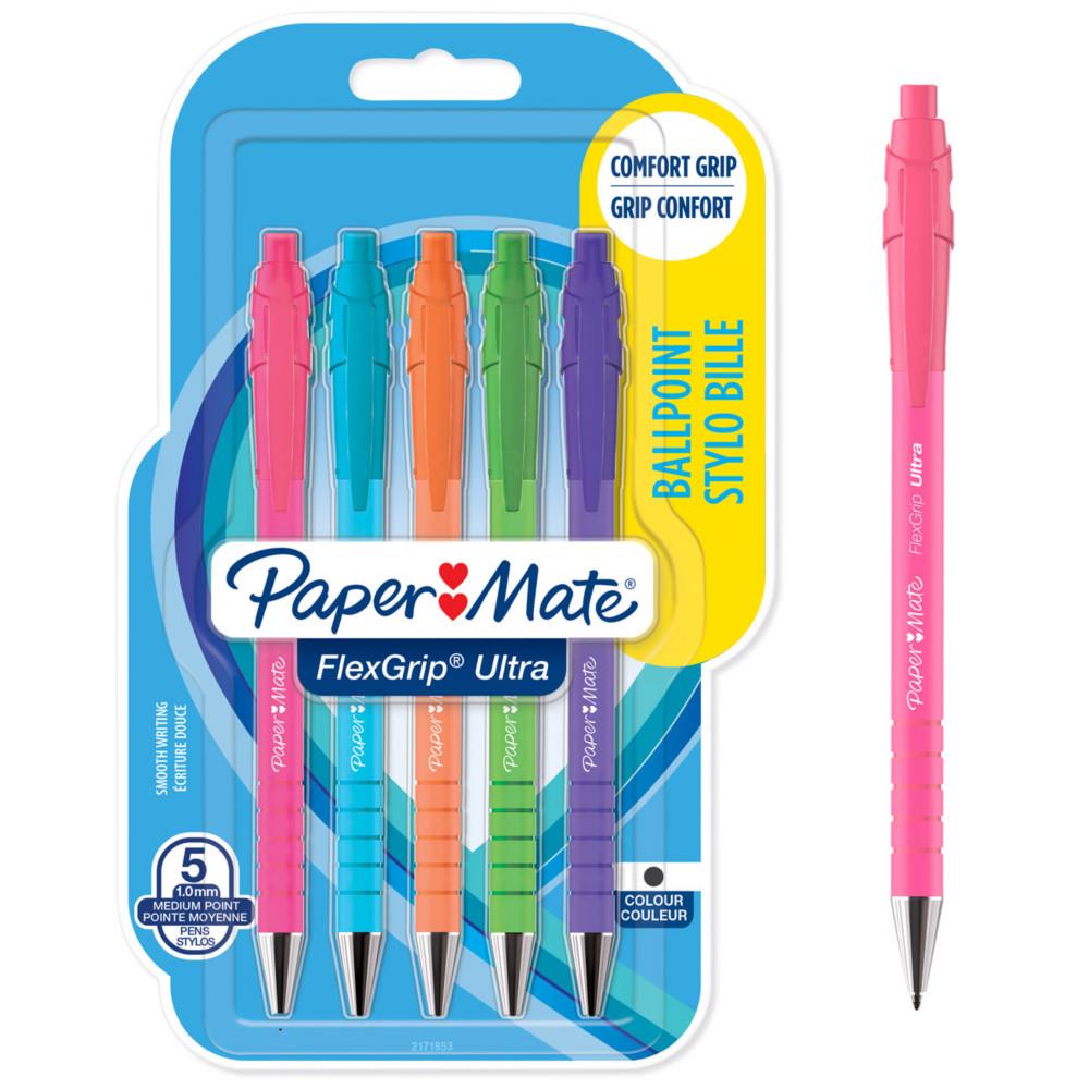 Stylo bille rtractable Paper Mate Flexgrip Ultra RT pointe moyenne 1 mm encre noire corps assortis Pastel - lot de 6