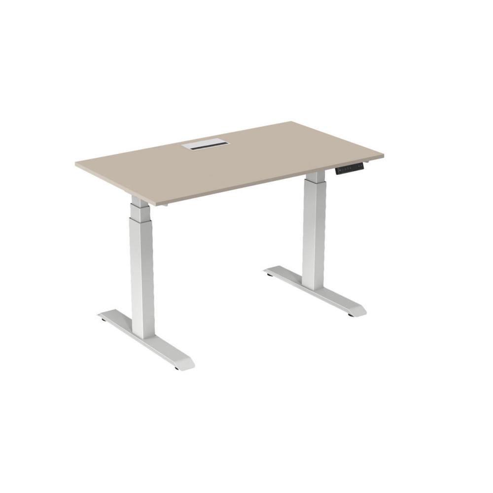 Bureau �lectrique hauteur r�glable Nova L140 cm plateau avec top access Argile - pieds m�tal Blanc