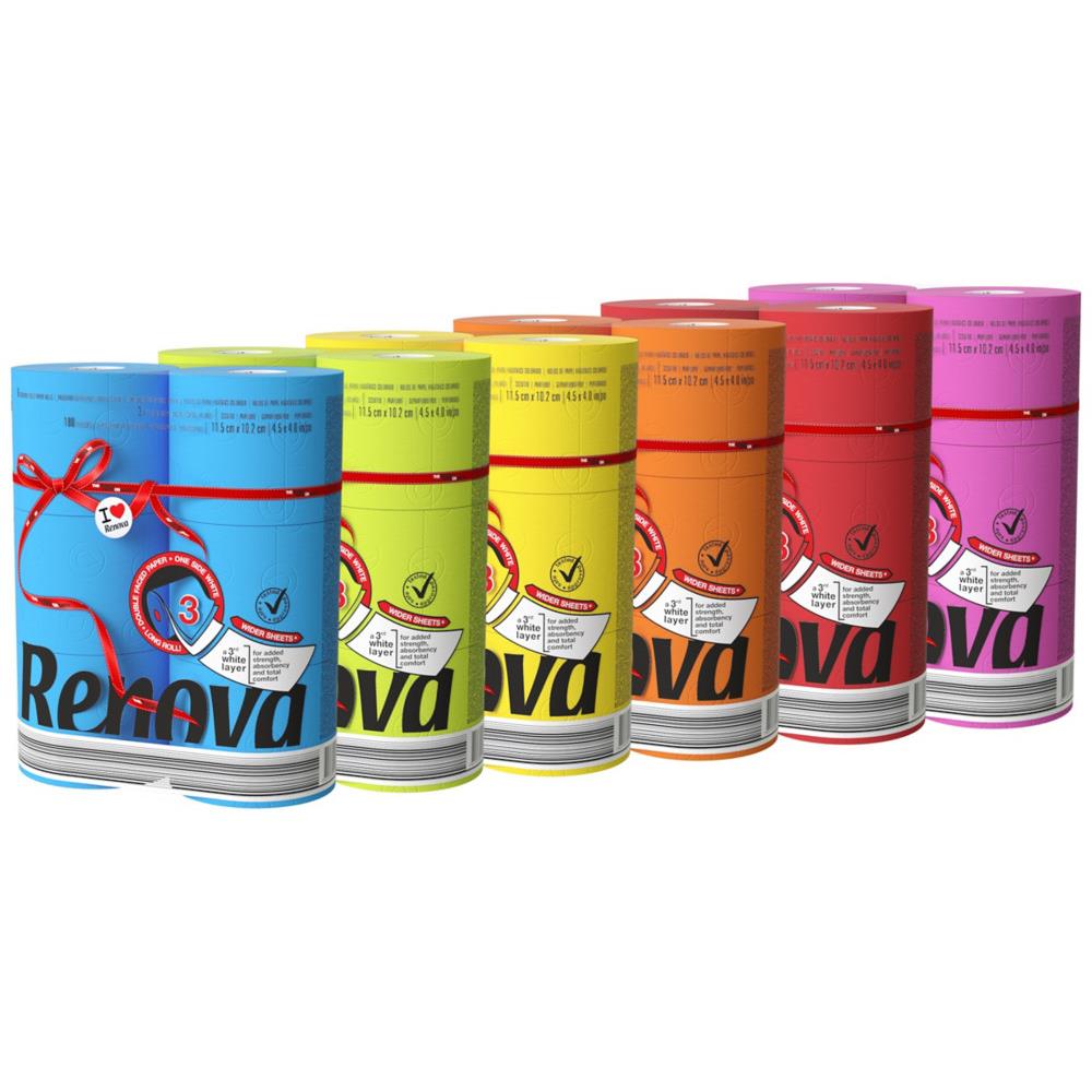 Papier toilette Renova couleur Maxi Red triple �paisseur - Maxi rouleau de 180 feuilles - 6 coloris panach�s al�atoirs - Lot de 6 rouleaux