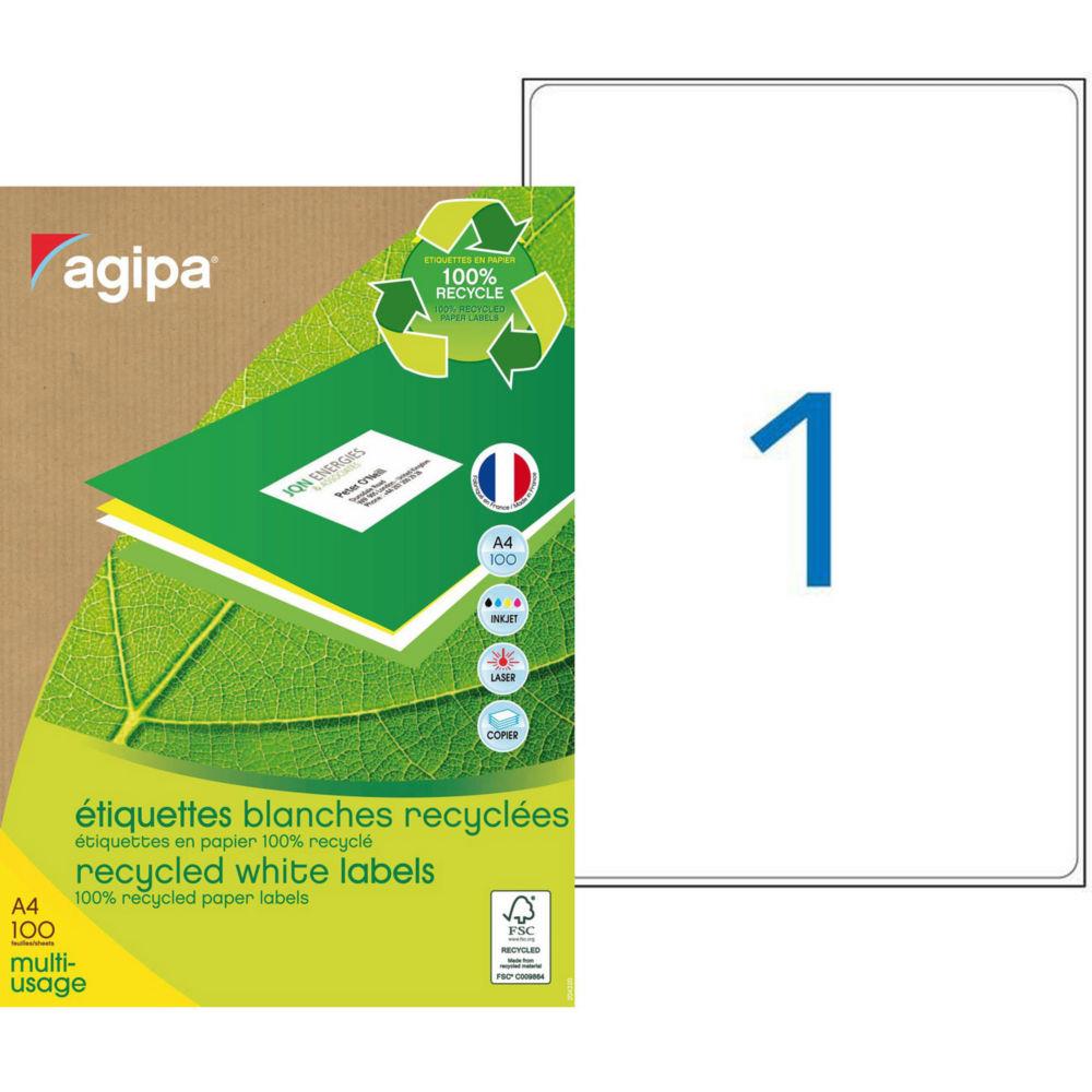 Etiquettes adresses recycles blanches Apli - 199,6 x 289,1 mm - 100 feuilles A4 - 100 tiquettes par bote