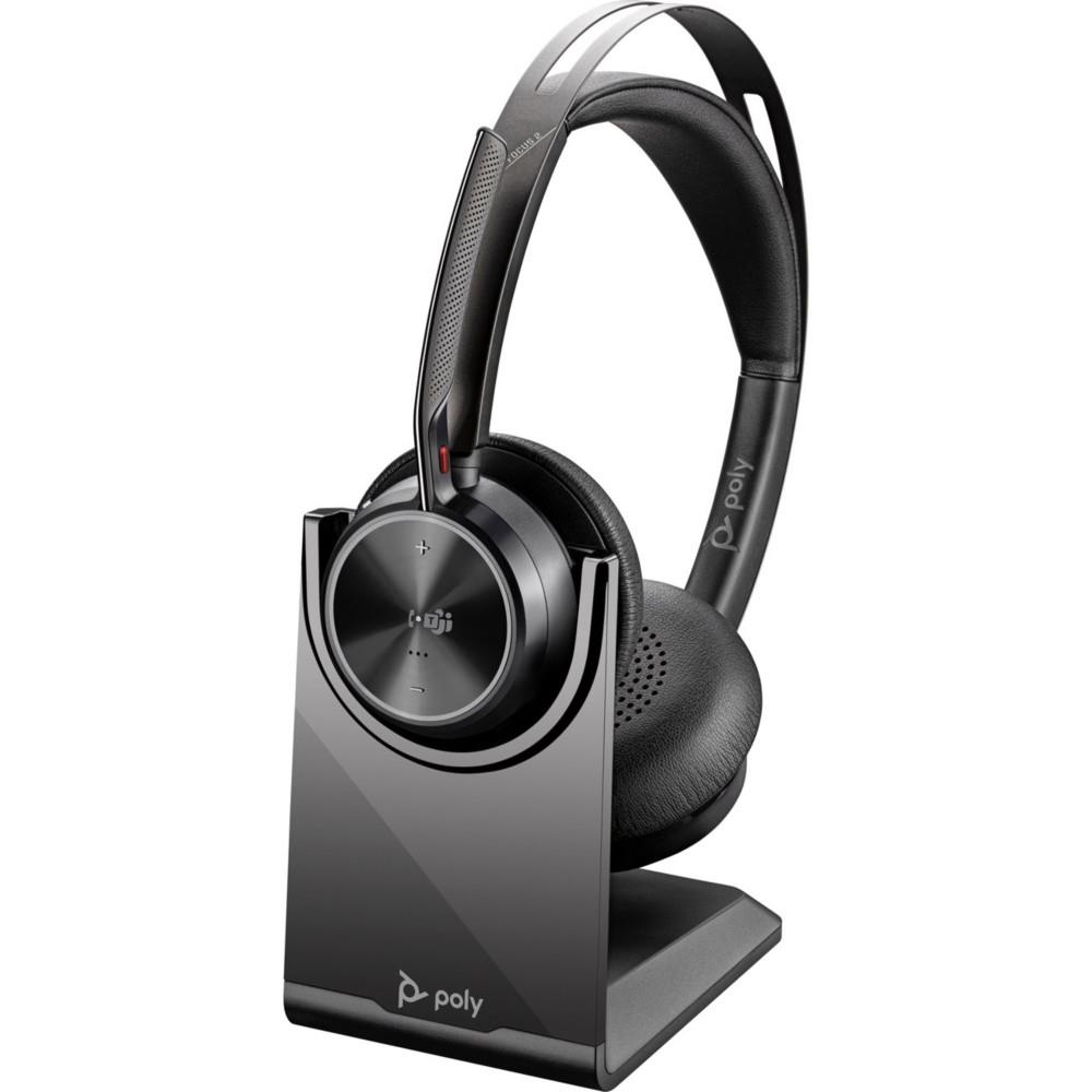 Focus Voyager Poly 2 Duo Poly Casque sans fil Bluetooth + Dongle USB-C et adapteur USB-A avec socle de charge