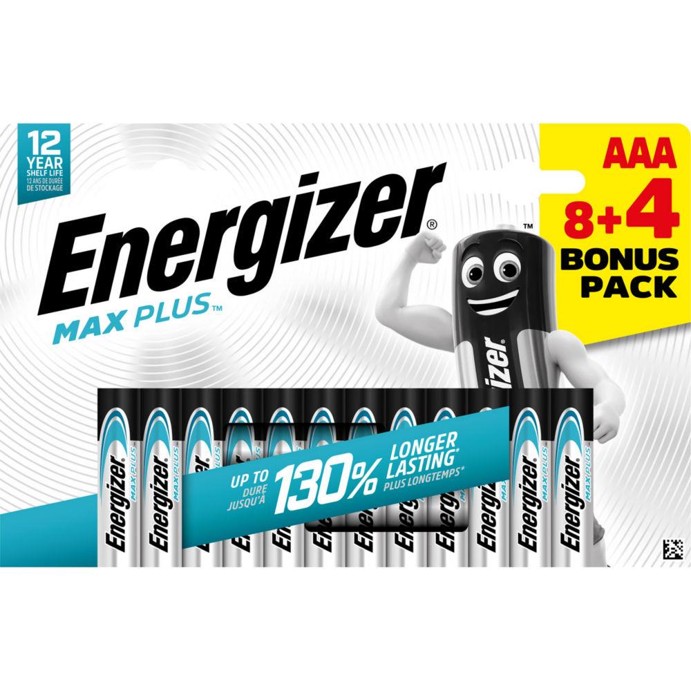 Pile alcaline AAA / LR3 Energizer Max Plus - pack Promo 8 + 4 GRATUITES - blister 12 units