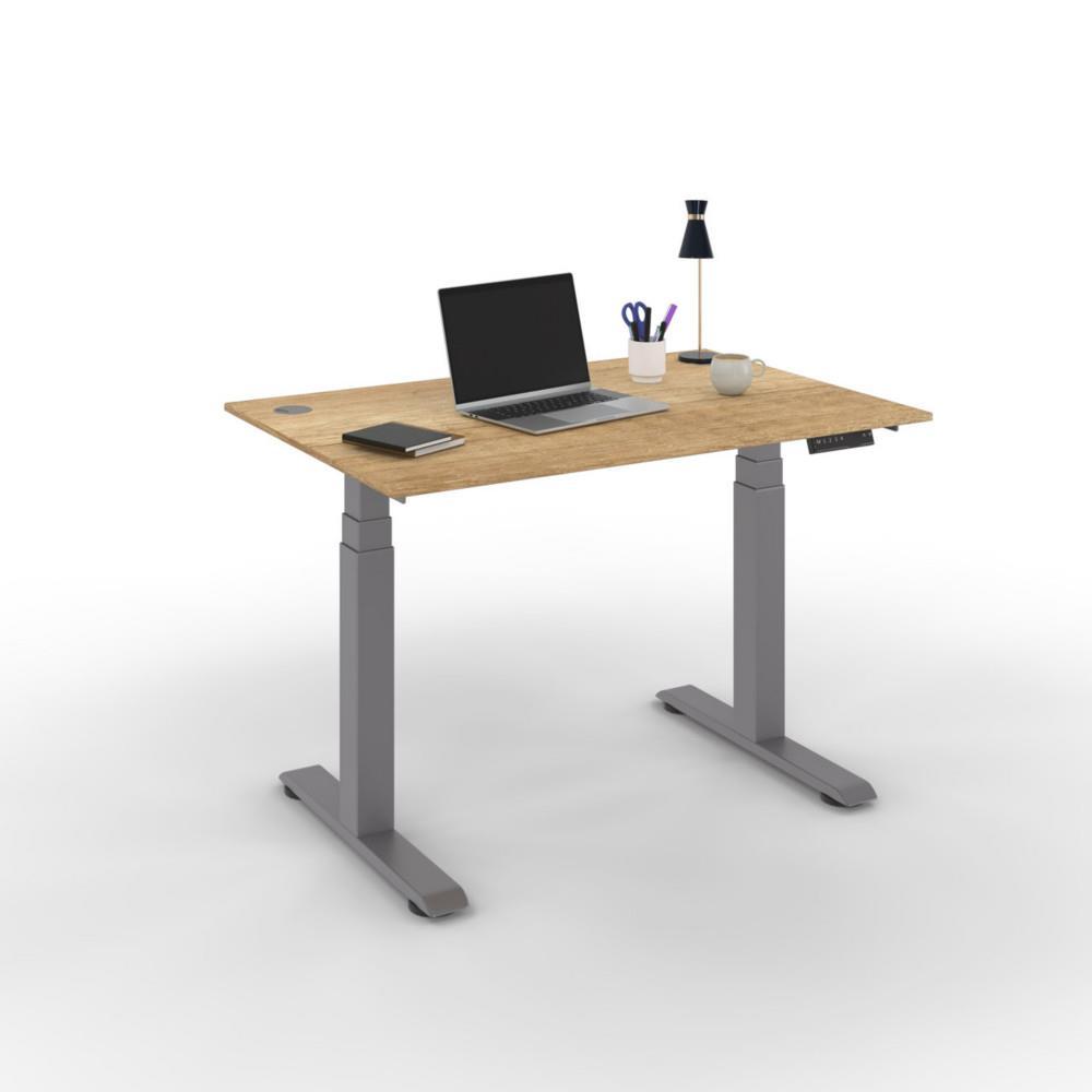 Bureau �lectrique hauteur r�glable Nova L120 cm plateau Ch�ne Nebraska - pieds m�tal Gris