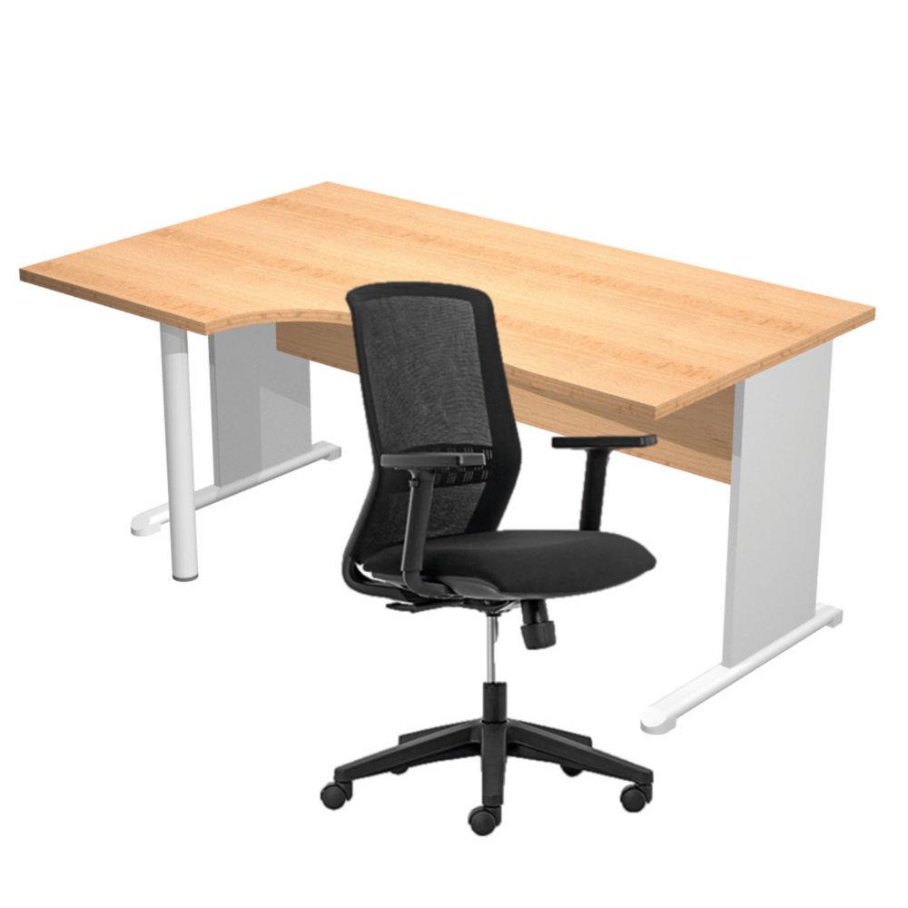 Pack Bureau d'angle compact  gauche Pulse Bois - L160 x P100 cm Htre - Pieds L Aluminium + fauteuil Tekna Noir
