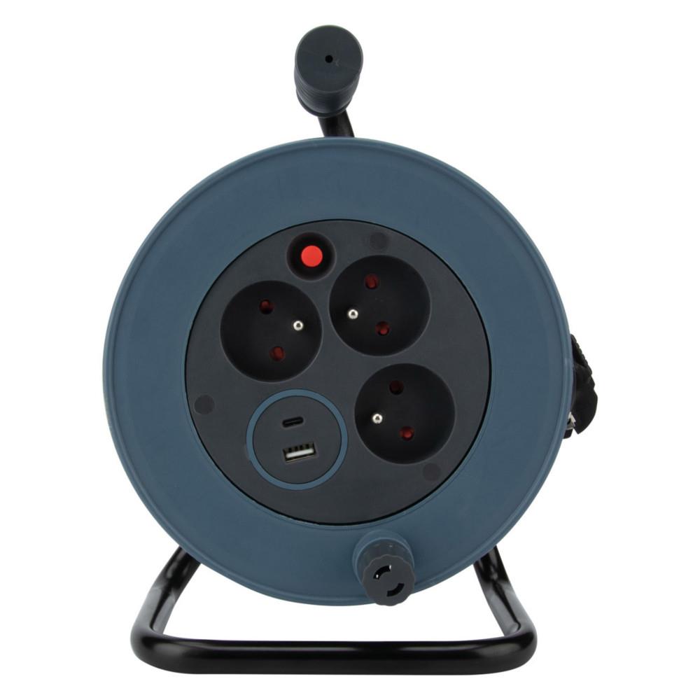 Enrouleur multiprise Zenitech 3 prises secteur 16A + 1 prise USB-A + USB-C - Coupe circuit - C�ble de 12 m - Noir / Gris