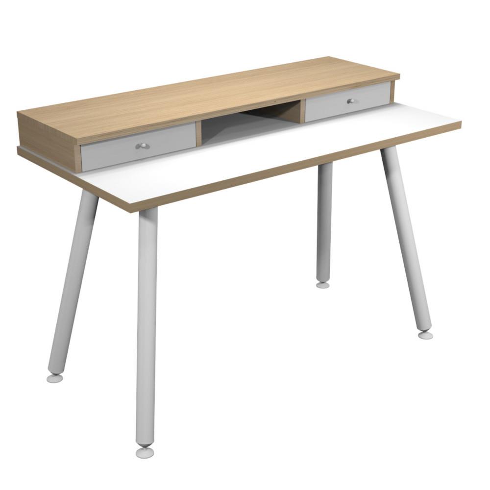 Bureau scandinave Elizey pieds mtal - 120 x 60 cm - rhausse 2 tiroirs - niche de rangement- chne naturel , blanc
