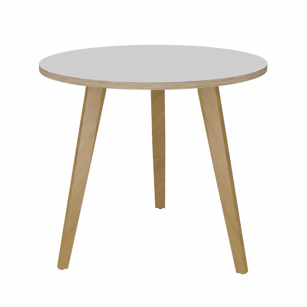 Table ronde Knot - 80 cm -  plateau blanc - 3 pieds inclin�s en bois - bords ch�ne
