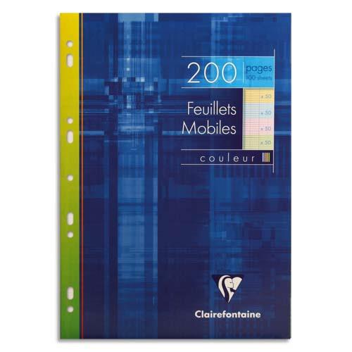 Feuillets mobiles Clairefontaine Seys - A4 - grands carreaux - 50 pages  la couleur : bleu rose vert jaune - tui de 200