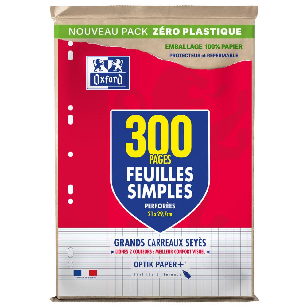 Feuille simple Oxford A4 perfor� - Grands carreaux Seyes avec marge - Etui de 300 feuilles
