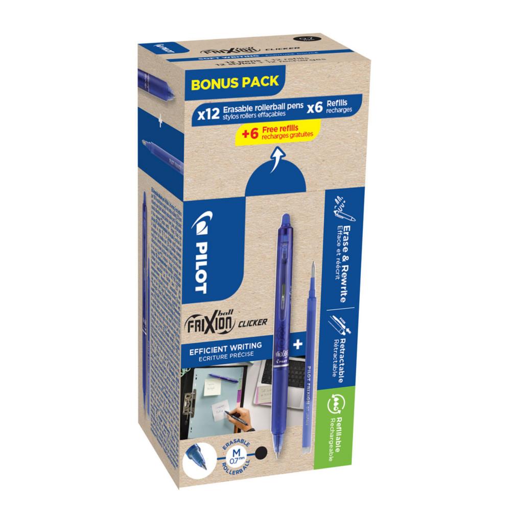 Stylo roller rtractable encre gel effaable Pilot FriXion Clicker pointe moyenne 0,7 mm - Bleu - Pack de 12 stylos + 12 recharges