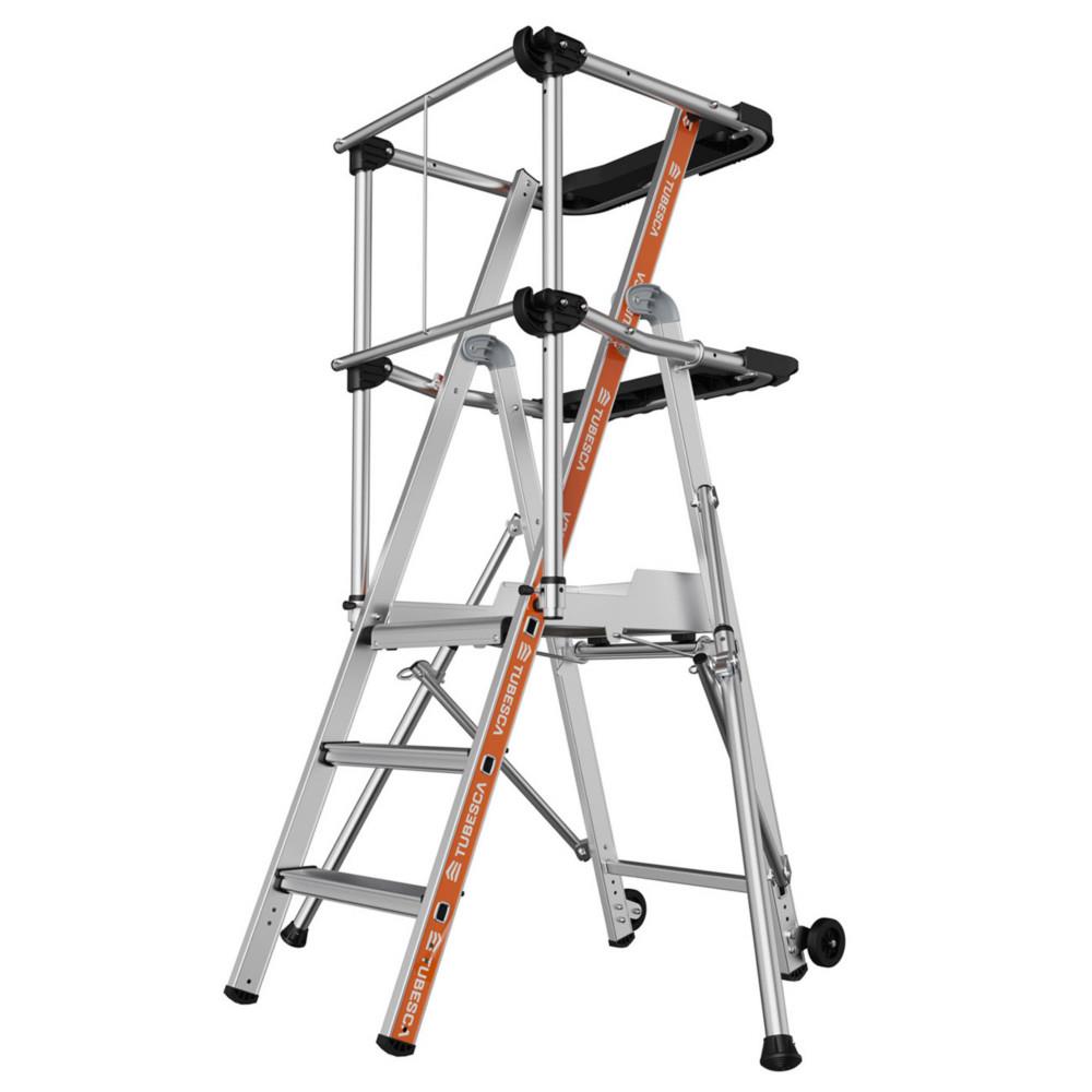 Plate-forme escabeau Tubesca Raptor stable avec garde corps - 3 marches et tablettes