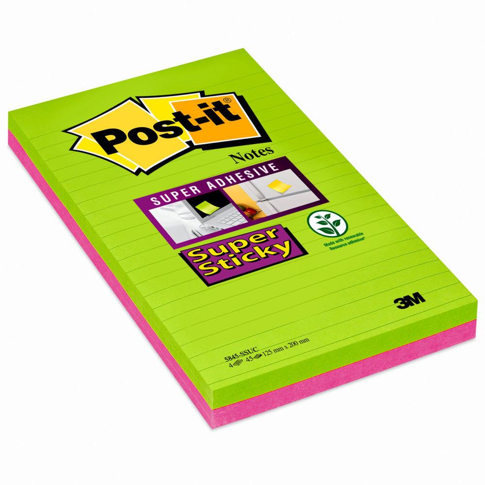 Notes Post-it Super Sticky lignes - 12,5 x 20 cm - coloris non assortis - lot de 4 blocs de 45 feuilles