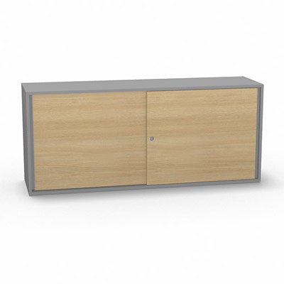Armoire H. 71 x L. 165 x P. 43,2 cm - structure dcor gris aluminium - portes coulissantes mlamine dcor chne clair avec accs face utilisateurs