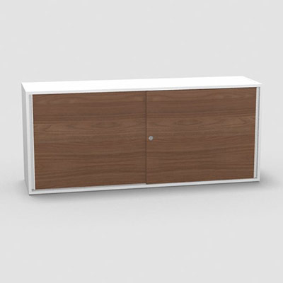Armoire H. 71 x L. 165 x P. 43,2 cm - structure dcor blanc neige - portes coulissantes mlamine dcor noyer ambr avec accs face utilisateurs