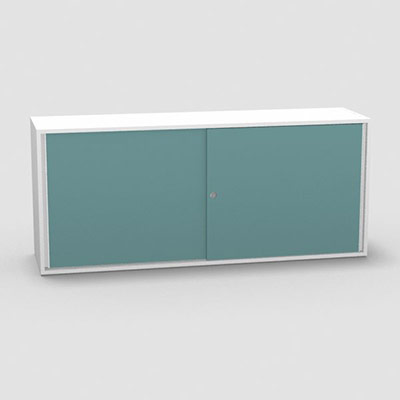 Armoire H. 71 x L. 165 x P. 43,2 cm - structure dcor blanc neige - portes coulissantes mlamine dcor bleu lagon avec accs face utilisateurs